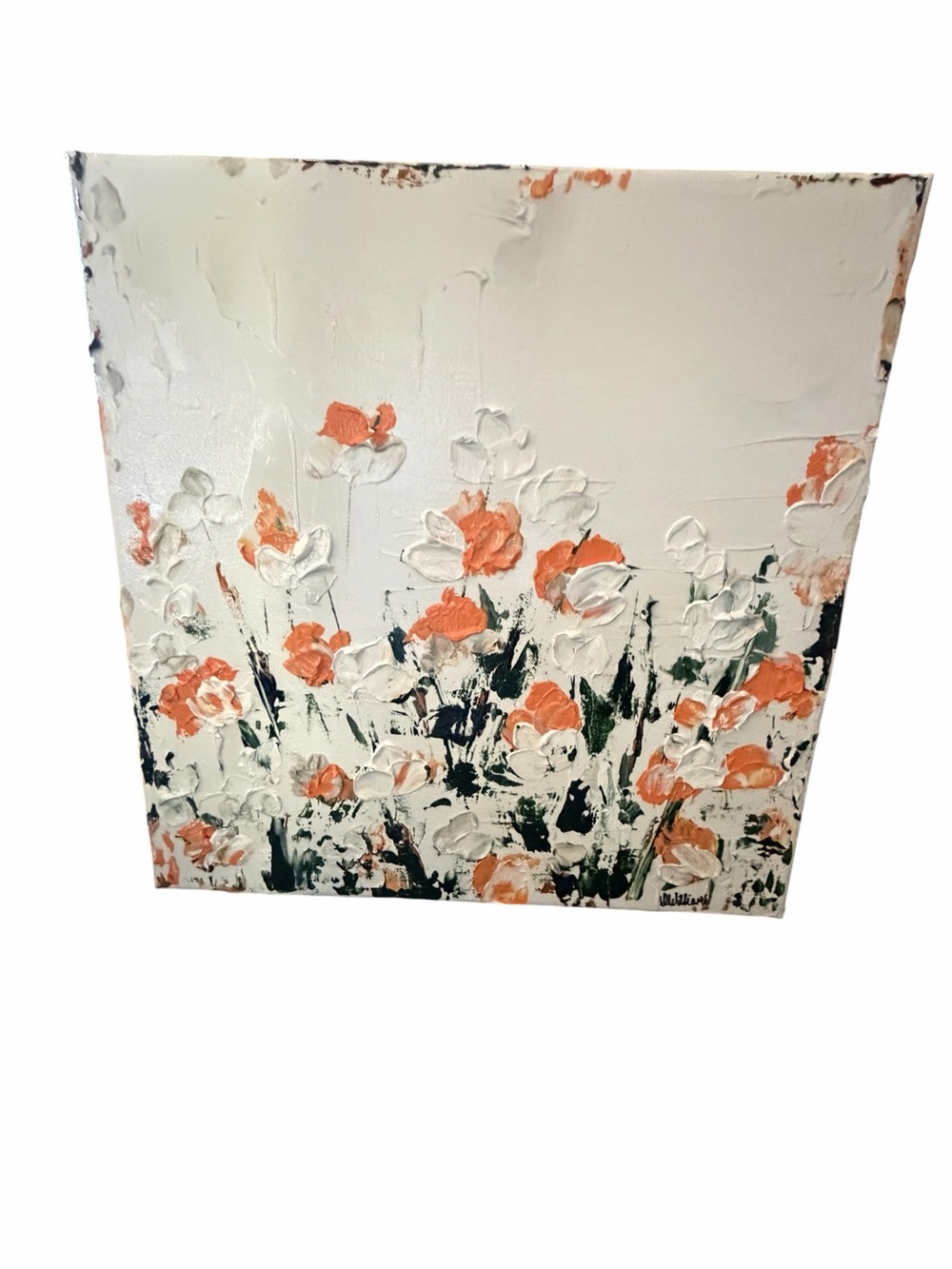 Textured Floral Canvas Wall Art in White & Coral 14" x 14"